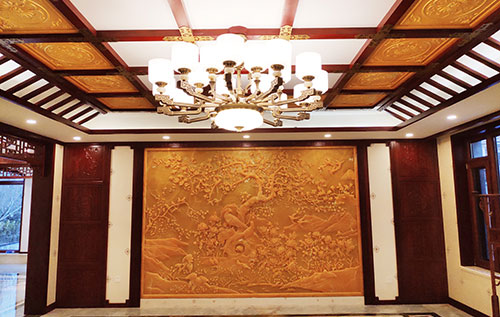 南雄中式别墅客厅中式木作横梁吊顶装饰展示